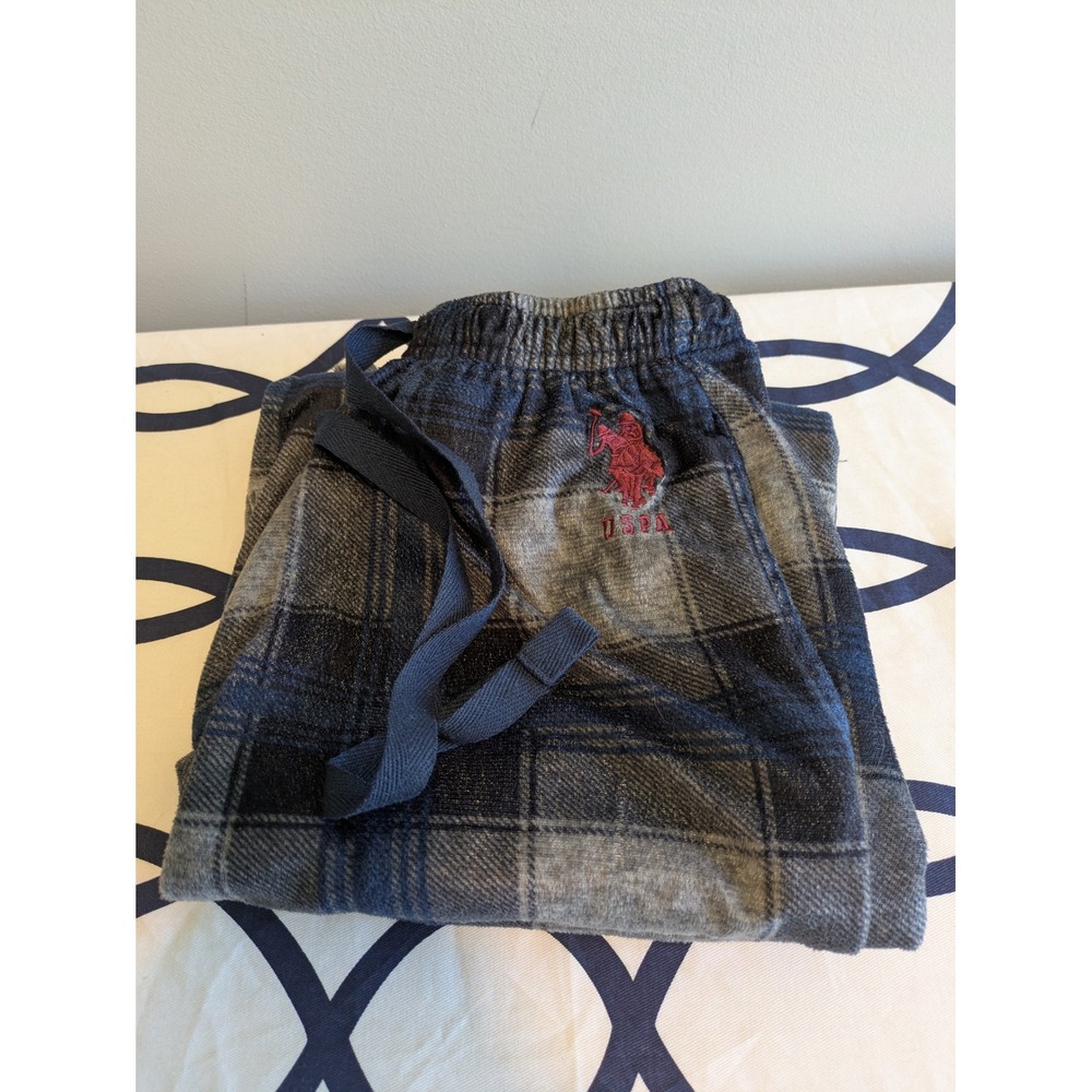 US Polo Assn Womens Plaid Fleece Pajama Pants Blue Grey Small USPA Sleepwear